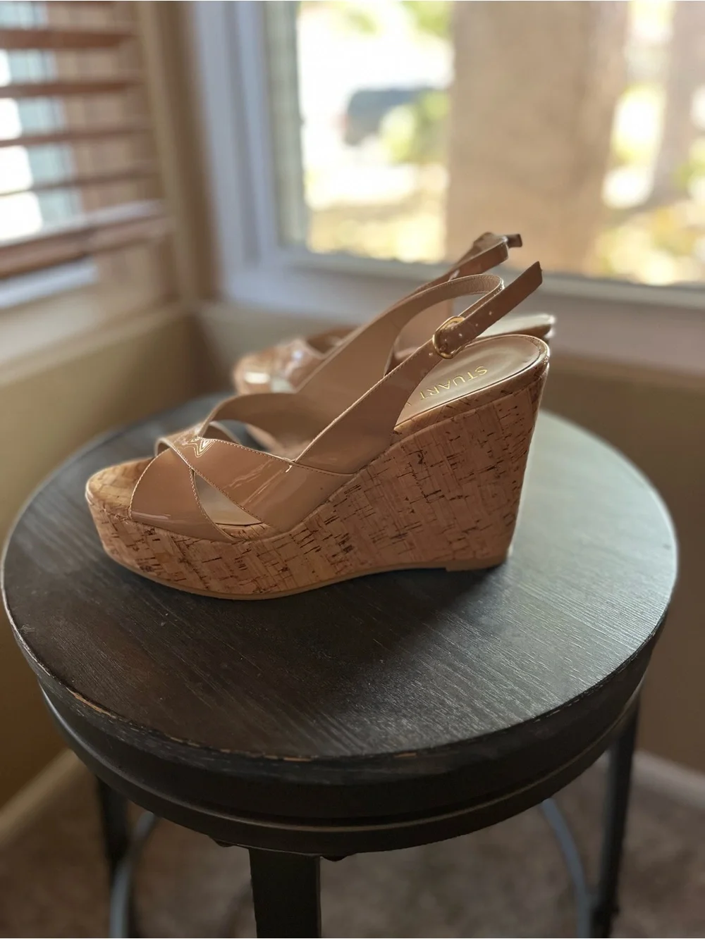 Stuart Weitzman Nude Patent Cork Wedge Sandals - Picture 2 of 8